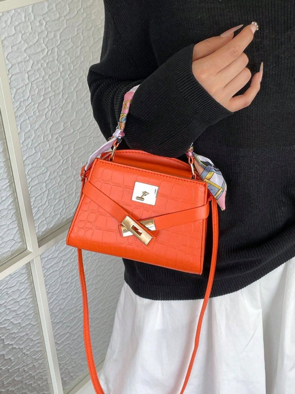 Orange Casual Women's Crocodile Embossed Flap Square